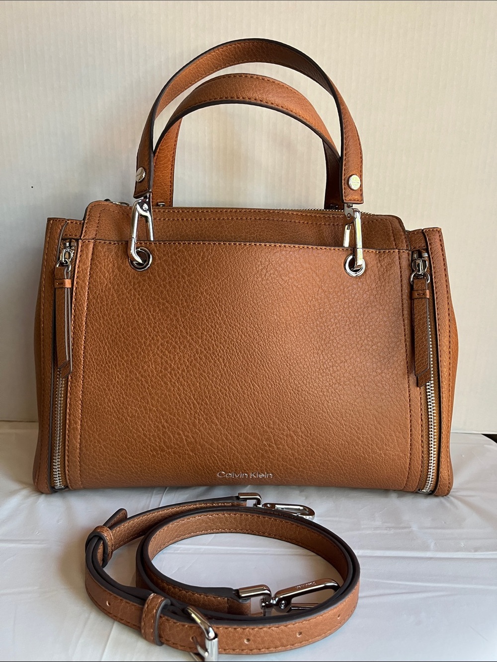 Calvin Klein Triple Compartment Pebbled Leather Satchel w Removable Strap